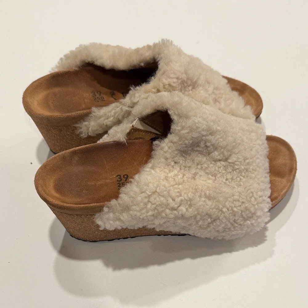 Papillio Shearling Slide Sandals in Cream and Tan
